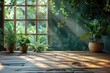 wood table background with sunlight window create leaf shadow on wall with blur indoor green plant