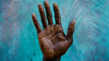 Wall Mural - Hand of a black man with palm up on unicolor background generative ai