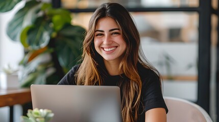 Poster - Smiling Woman Using Laptop in a Cozy Cafe Setting. Casual Professional Working Remotely. Modern Freelancer Lifestyle. AI