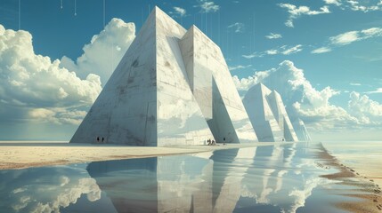 A surreal expanse where bold geometric figures stand isolated amidst a vast, desolate stretch of sand, flanked by a calm, endless sea.