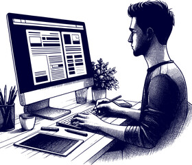 a man is working at a computer and silhouette sketch art vector design.
