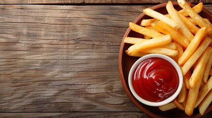 Wall Mural - Tasty french fries and ketchup on wooden background