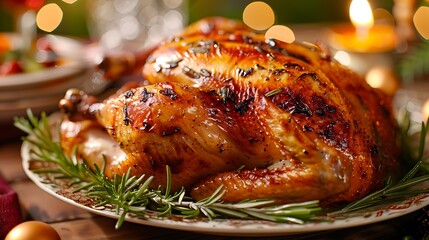 Wall Mural - Whole grill chicken with caramelized skin and fresh rosemary on a dinner table