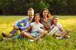 © Studio Romantic - Portrait of happy smiling family with son and daughter sitting on green grass in the summer park and looking cheerful at camera. Mother, father with two kids enjoying sunny day together.