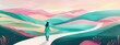 flat illustration of a woman walking on a path in pastel pink and teal colors, with a background of rolling hills. AI generated illustration