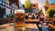 Beer in glass on wooden table with blurred group of people sitting at tables behind on background. AI generated illustration