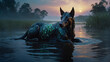 A vividly shimmering kelpie, its translucent mane flowing with ethereal energy, its eyes glowing with ancient wisdom amidst the misty marsh.