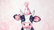   A black-and-white cow wears a pink party hat, adorned with white accents