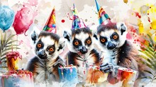   A Cluster Of Lemurs Gathered Near A Cake, Its Surface Adorned With Lit Candles