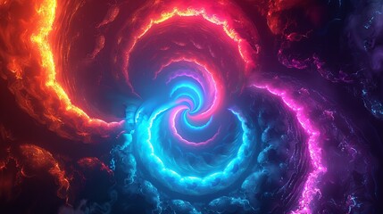 An abstract digital art piece featuring a mesmerizing spiral of neon lights with vibrant hues of pink, blue, and purple, creating a dynamic and futuristic visual.