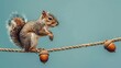 Squirrel Sitting on Rope With Acorns