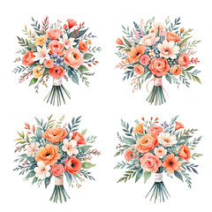 Wall Mural - set of 4 modern colorful wedding bouquets on white background, clipart, isolated