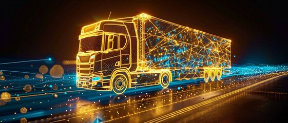 digital yellow truck with glowing data stream , the integration of ai  into freight transportation and logistics management, cargo tracking for efficient supply chain operations. wireframe low poly.