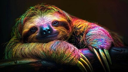 Wall Mural -   A tight shot of a sloth perched on a tree branch, its head tucked among the branch's multicolored foliage