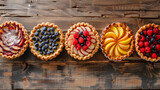 Row of diffrent summer colourful pies homemade with mix fresh berries. Healthy dessert breakfast on horizon wooden background, top view, copy space. Bakery concept. Delicious fruit dessert. Fruit cake