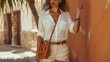 Modern and chic summer outfit featuring a tanned woman in linen shorts, a white shirt, a brown leather bag, and clear beige sunglasses. The warm colors highlight the classic summer style.