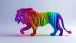   A multicolored lion stands centrally against a white backdrop, its vibrant hues subtly mirrored by a gentle light reflection