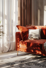 An Orange Velvet Fabric Three Seater Sofa, With Brass Legs, Square Armrests On The Back Of The Seat Cushion, And Metal Feet. The Clean Background Is Full Of Light Luxury And Modern Elements.