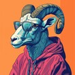 Portrait of a stylish ram in a hoodie and in sunglasses on a one color background - generative ai