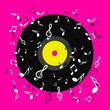 Music design with notes and vinyl record on pink background, vector