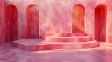   A Sequence Of Stairs Approaches A Pink Wall, Featuring Arched Doorways And Archways On Both Sides