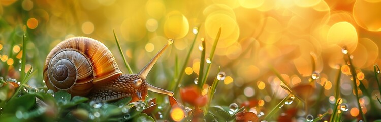 Wall Mural - a snail on th green grass in th early morning with dew drops 