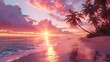 Palm trees, tropical beach, sunrise paints sky pink and orange