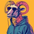Portrait of a stylish ram in a hoodie and in sunglasses on a one color background - generative ai