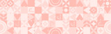 Fototapeta Sypialnia - Seamless pink background for Mother's Day card template. Trendy geometric shapes with circles, squares and hearts in retro style for a Valentine's Day or wedding day cover.