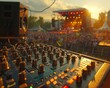 © Pornarun - Audio equipment setup for an outdoor concert, focused on the soundboard, ambient daylight, with the stage and crowd visible behind
