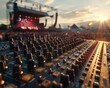 © Pornarun - Audio equipment setup for an outdoor concert, focused on the soundboard, ambient daylight, with the stage and crowd visible behind