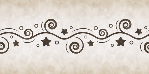 Vintage border with pattern of swirls and stars. Old paper background with retro ornament. Horizontal abstract seamless pattern with swirls, stars and rings with grunge texture, vector illustration