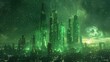 Cybernetic skyline: A futuristic cityscape sprawls beneath a starlit sky, its towering skyscrapers adorned with glowing green accents. Copy space above for text.