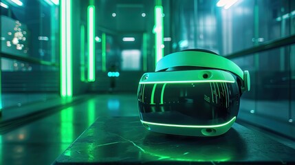Cybernetic dreams: A virtual reality headset rests atop a sleek futuristic console, its vibrant green accents glowing softly in the dimly lit room. Copy space below for text.