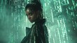 Cyberpunk chic: A high-fashion model poses against a backdrop of glitching digital screens, their outfit a fusion of sleek metallics and deep emerald hues. Copy space to the side.