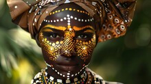 Stunning African Beauty With Golden Skin And Intricate Jewelry. Her Painted Face And Head Turban Creates A Captivating Goddess-like Image.