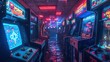 Retro-futuristic vibes: A vintage arcade cabinet stands amidst a sea of pixelated screens and neon lights, its glowing buttons beckoning players to step into a virtual world of endless possibilities.