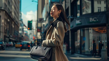 Wall Mural - Stylish woman flaunting her designer bag, embodying both sophistication and functionality as she strides through the city.