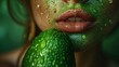   A close-up of a woman's face with green makeup and a cucumber positioned in front