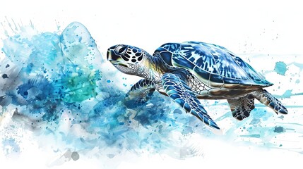 Wall Mural - Watercolor painting of a sea turtle with an ocean scene, on a white background with text. The card and poster feature a blue watercolor ocean design with vector elements.