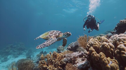 Wall Mural - Take a photo underwater! Witness a hawksbill turtle swim over the coral reefs as a female scuba diver captures the moment. Discover the marine life and explore the underwater world.