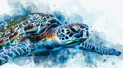 Wall Mural - Watercolor painting of a sea turtle with an ocean scene, on a white background with text. The card and poster feature a blue watercolor ocean design with vector elements.