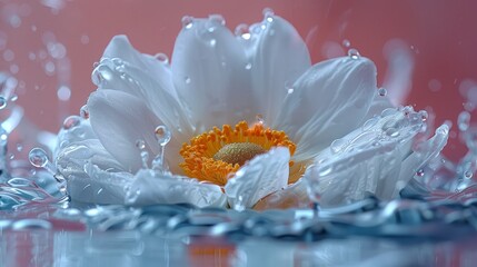   A close-up of a white flower with dewdrops on its petals and water-specked center