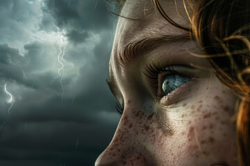 Wall Mural - A woman with blue eyes and red hair looking up at a stormy sky