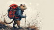   A painting depicts a rodent wearing a backpack and carrying a stick in its mouth