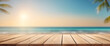  Wooden table top with blurred beach and sea background, summer vacation concept banner template. Generative AI