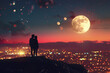 A couple is standing on a hill overlooking a city at night