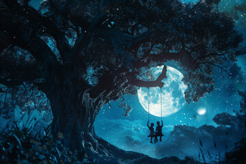 Wall Mural - A couple is swinging on a tree branch under a full moon