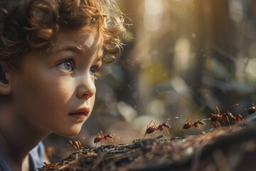 Wall Mural - A young boy is looking at a group of ants