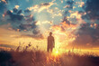A man stands in a field of tall grass, looking up at the sun